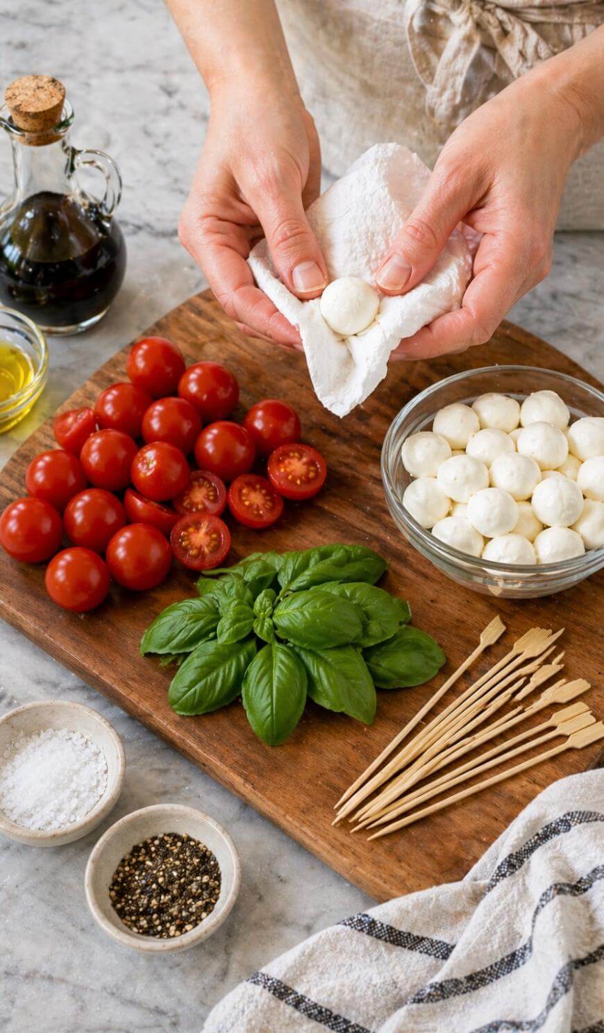 Hands patting mozzarella balls dry with a towel above a cutting board with cherry tomatoes, basil leaves, mozzarella balls, wooden skewers, olive oil, balsamic vinegar, salt, and pepper.