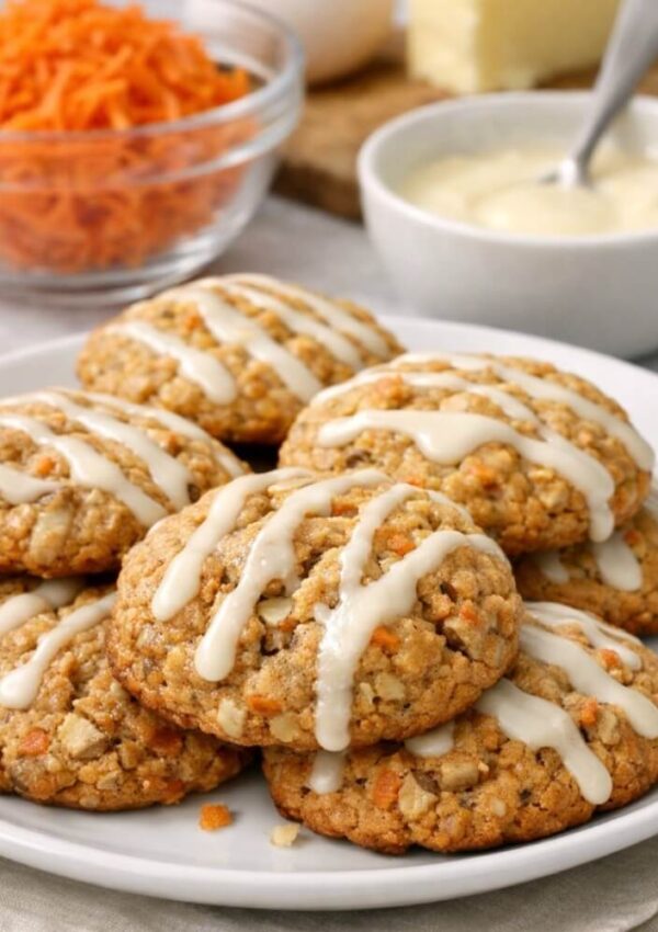 A plate of oatmeal cookies with visible carrot pieces, drizzled with white icing. In the background, there is a bowl of shredded carrots and a bowl of icing with a spoon.