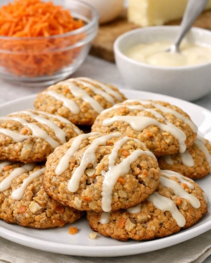 A plate of oatmeal cookies with visible carrot pieces, drizzled with white icing. In the background, there is a bowl of shredded carrots and a bowl of icing with a spoon.