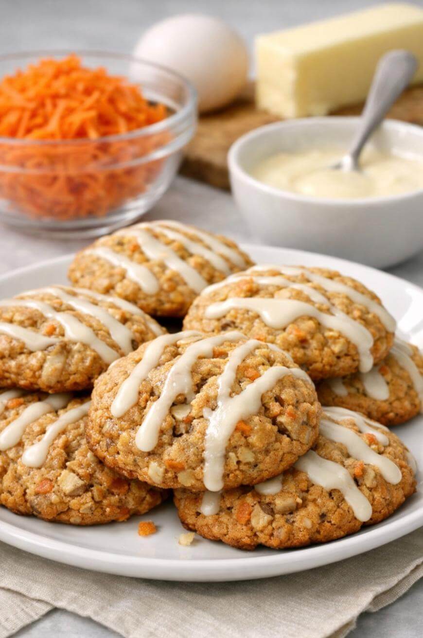 A plate of oatmeal cookies with white icing drizzle sits on a table. In the background are a bowl of grated carrots, a bowl of icing with a spoon, a stick of butter, and an egg.