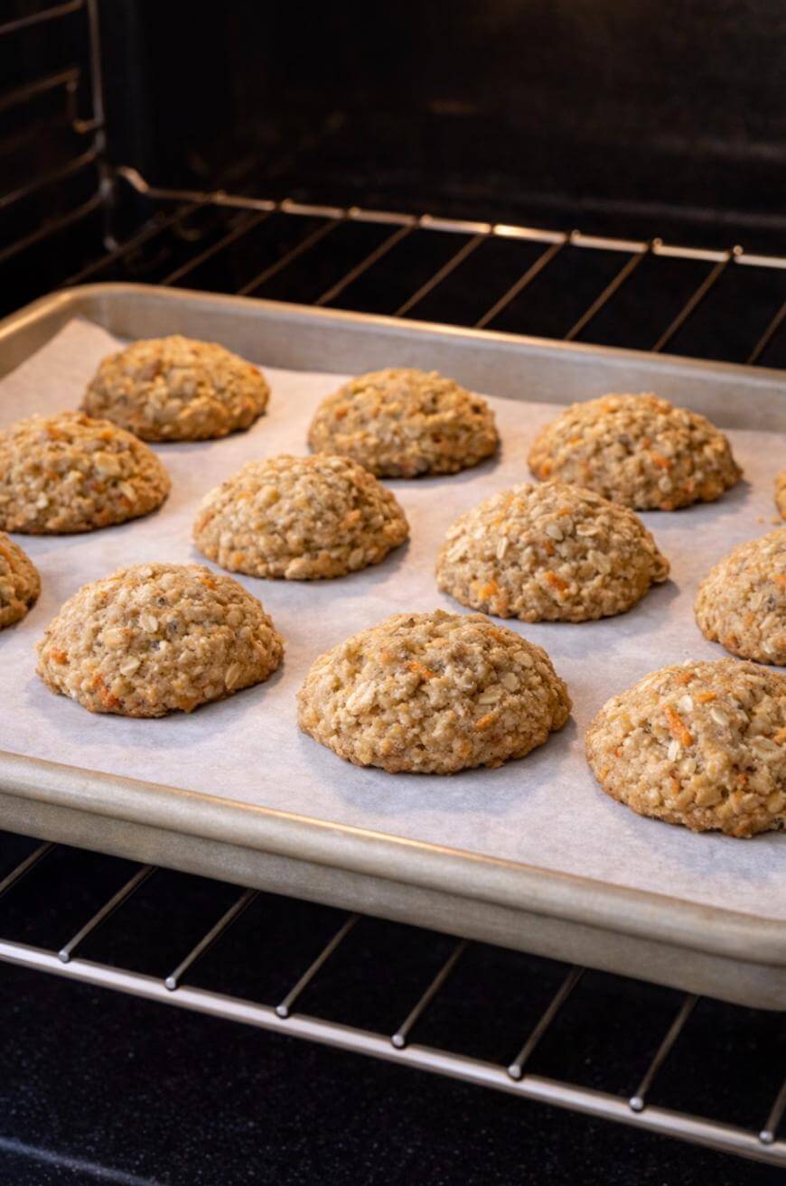A baking sheet lined with parchment paper holds twelve round, golden brown cookies, freshly baked and cooling inside an oven.