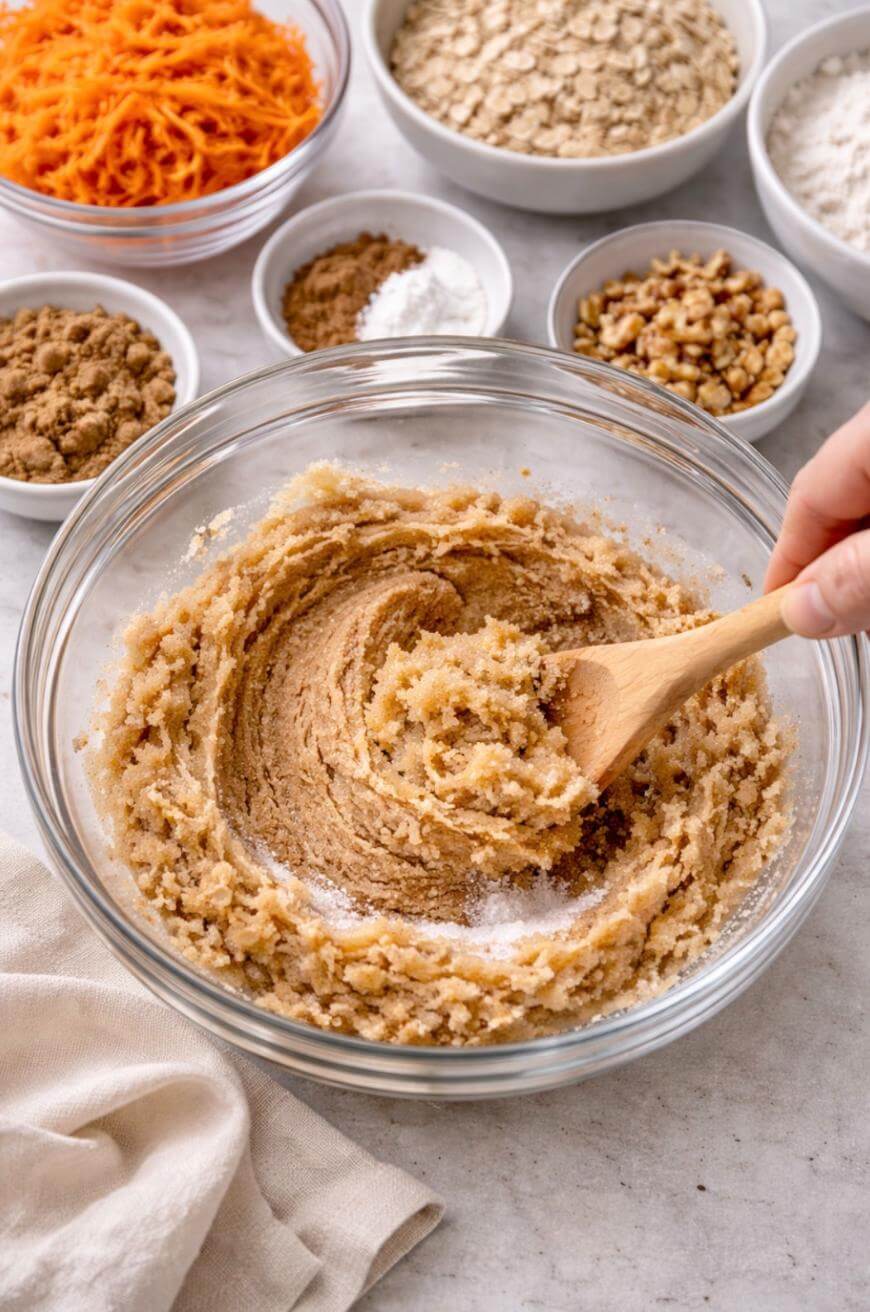 A hand stirs a thick, light brown batter in a glass bowl with a wooden spoon. Bowls of shredded carrot, oats, flour, walnuts, sugar, and baking powder surround the mixing bowl on a light countertop.