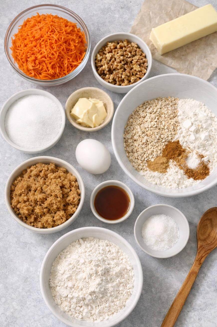 A variety of baking ingredients are arranged on a countertop, including shredded carrots, chopped nuts, butter, oats, an egg, sugars, flour, vanilla, salt, and spices in white bowls and a wooden spoon nearby.