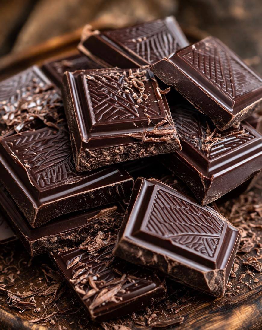 A close-up of several dark chocolate squares stacked on a wooden surface, with chocolate shavings scattered around. The chocolate pieces have embossed patterns on top.