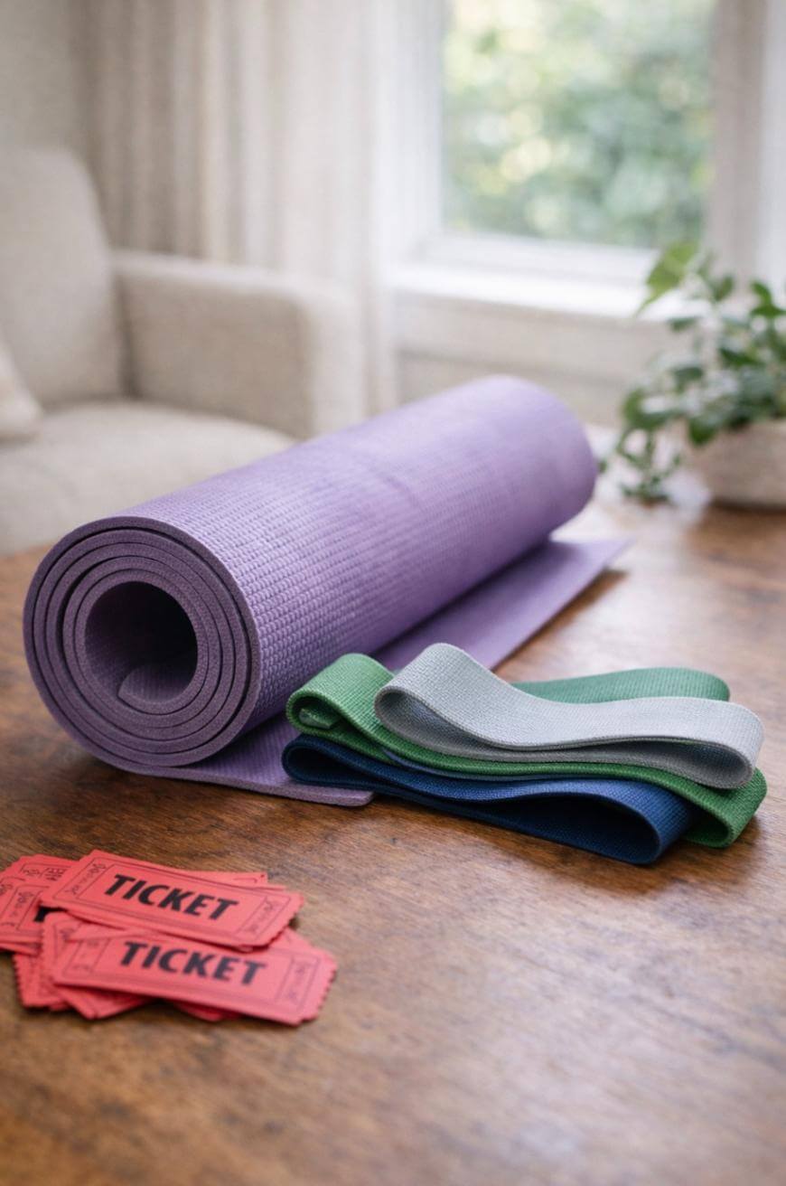 A rolled-up purple yoga mat, three resistance bands in green, gray, and blue, and a stack of red tickets are arranged on a wooden table in a cozy room with a window and a potted plant in the background.