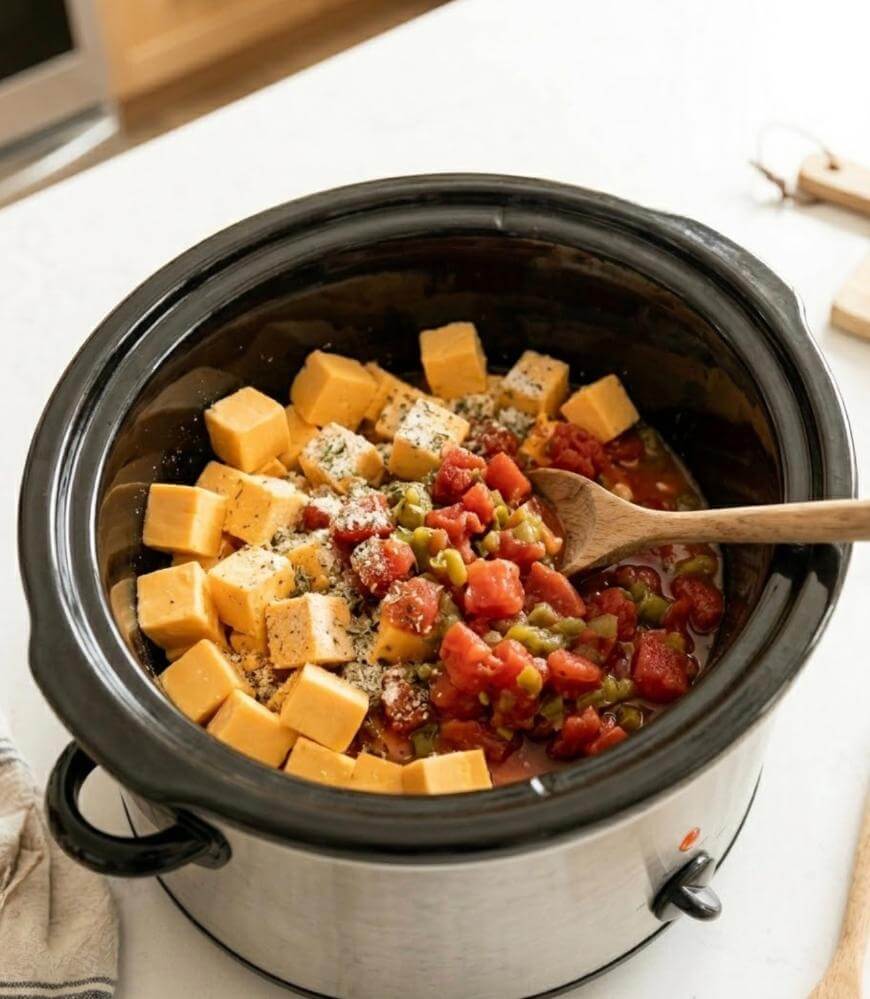 A slow cooker filled with cubed cheese, canned tomatoes, green chilies, and spices being stirred with a wooden spoon, ready to be cooked into a dip.