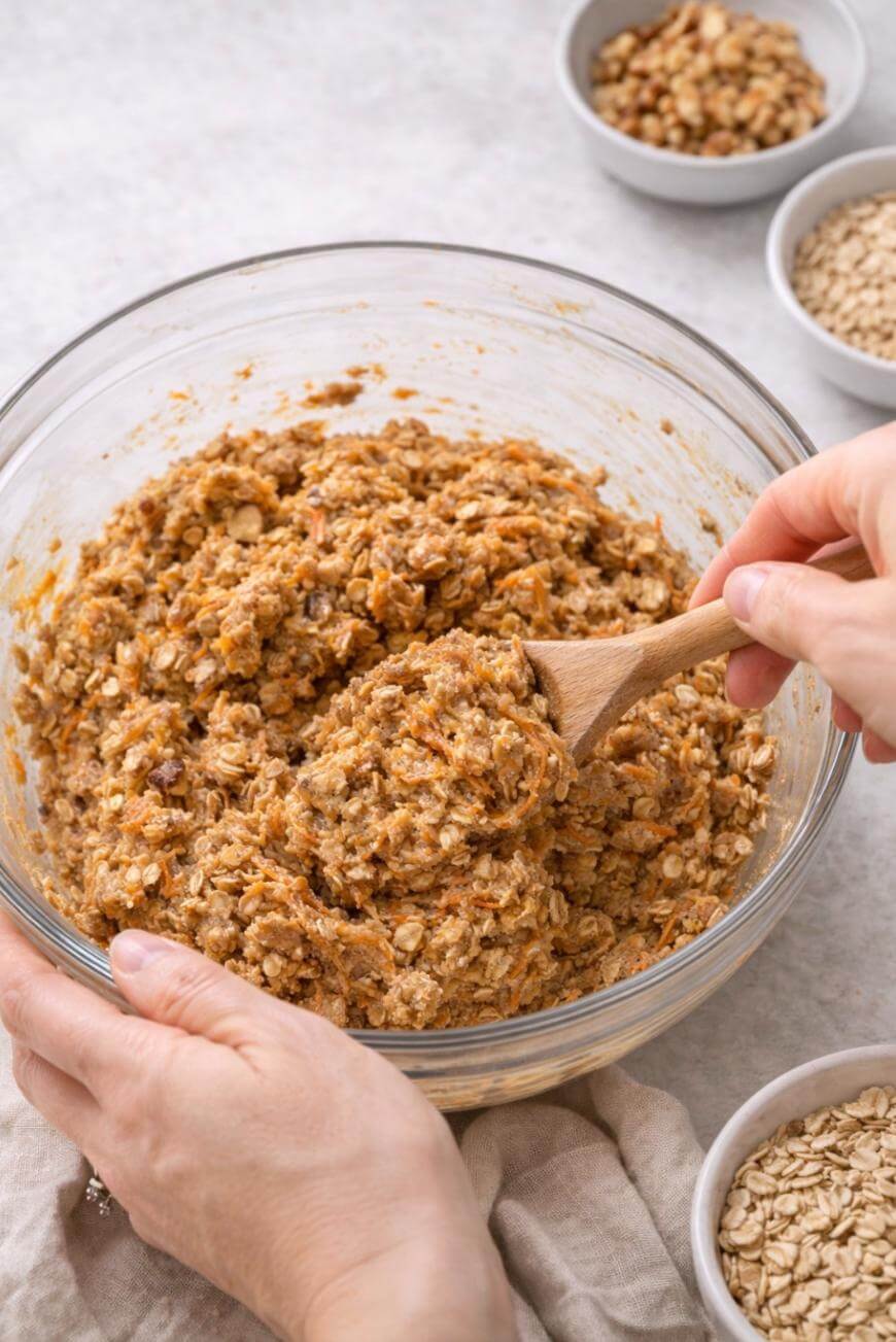 A person stirs a thick, chunky oat and carrot mixture in a glass bowl with a wooden spoon. Small bowls of oats and chopped nuts are nearby on a light surface.