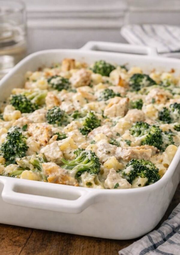 A white baking dish filled with a baked casserole featuring pieces of broccoli, chunks of chicken, and pasta in a creamy sauce, set on a wooden table beside a striped cloth napkin and a glass of water.