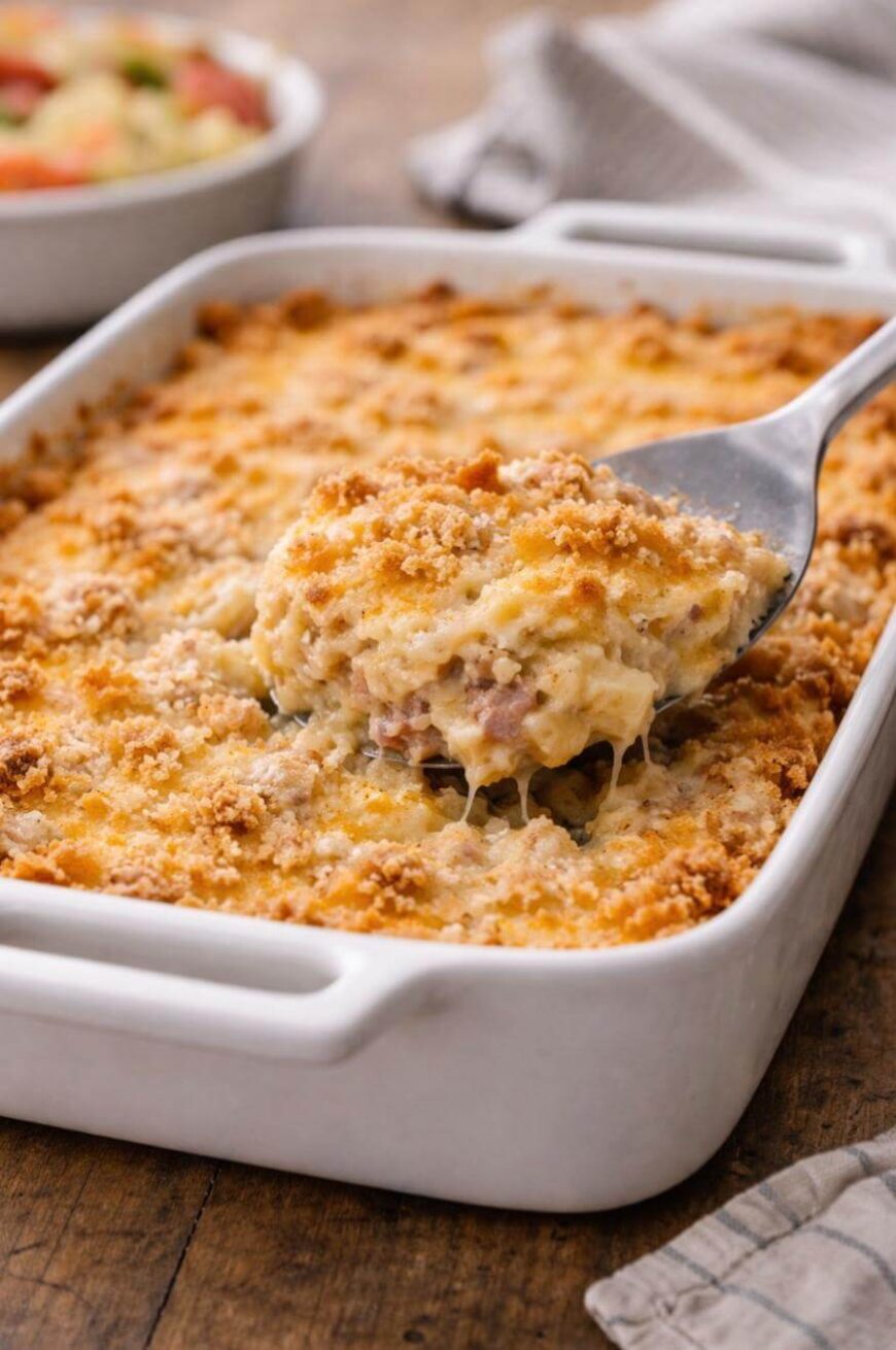 A serving spoon lifts a cheesy, golden-brown casserole with a crumb topping from a white baking dish; a striped napkin and another bowl are in the background.