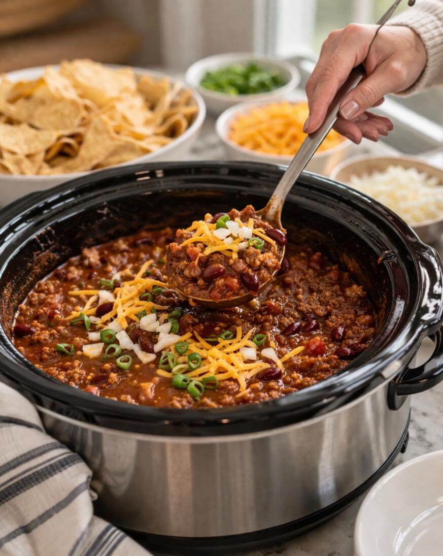 A hand scoops hearty chili topped with shredded cheese and green onions from a slow cooker. Bowls of chips, shredded cheese, and chopped onions are in the background on a kitchen counter.