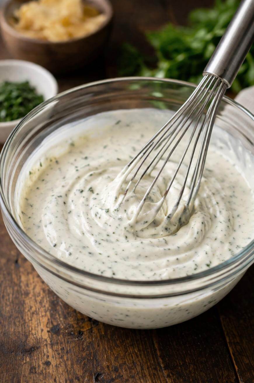 A metal whisk mixing creamy ranch dressing with herbs in a clear glass bowl, set on a wooden table with fresh herbs and ingredients blurred in the background.