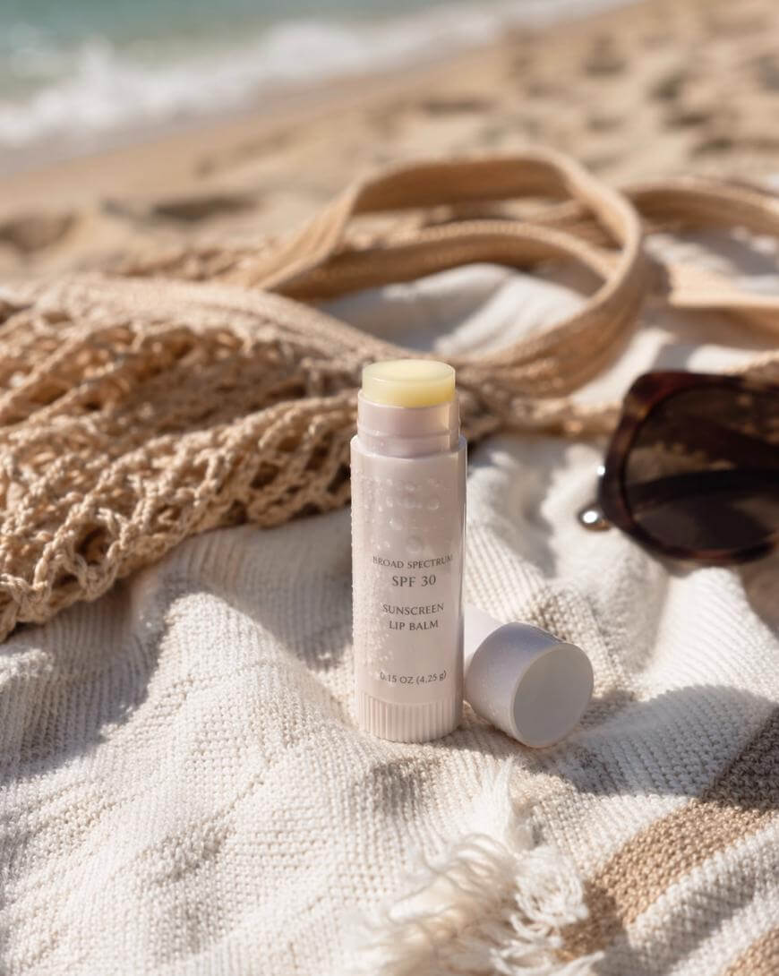 A tube of SPF 30 sunscreen lip balm with its cap off sits on a beige textured blanket at the beach, next to a woven bag and a pair of sunglasses. The sandy shore and ocean are visible in the background.