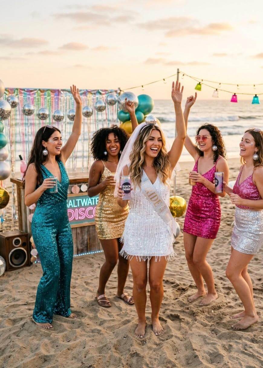 Five women in sparkly outfits celebrate on a beach at sunset. One woman in a white dress, sash, and veil stands in the center with her arms raised. Colorful decorations and lights hang behind them.