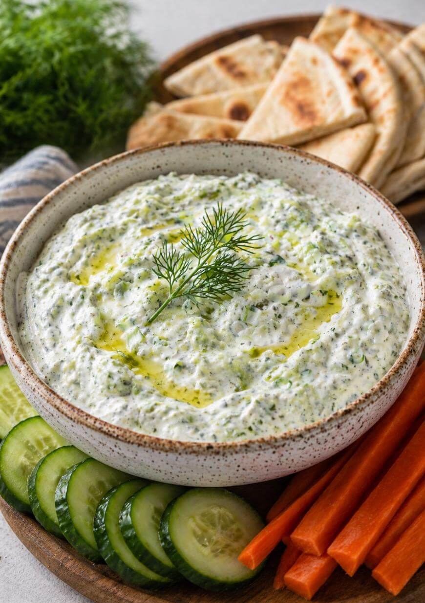 A bowl of creamy tzatziki dip garnished with dill and olive oil, surrounded by sliced cucumbers, carrot sticks, and wedges of pita bread on a wooden platter.