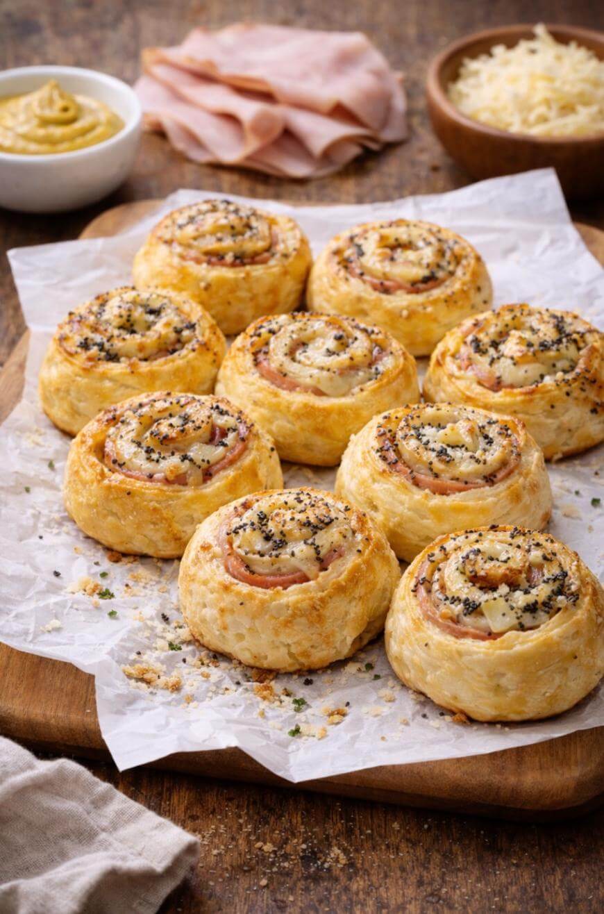 Golden, flaky ham and cheese puff pastry pinwheels sprinkled with seeds, arranged on parchment-lined wooden board. Bowls of grated cheese, mustard, and ham slices are in the background.