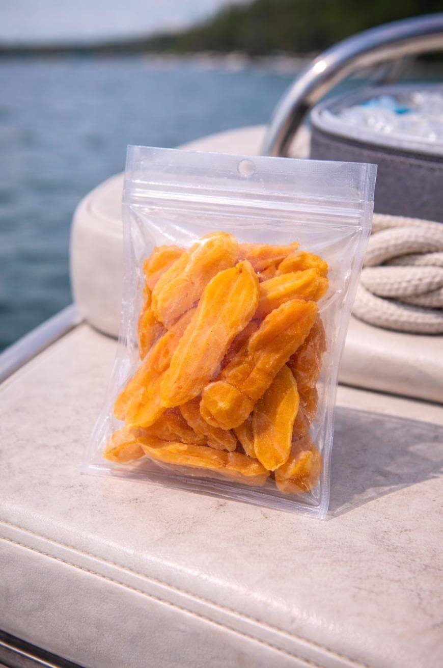 A clear resealable bag filled with dried mango slices sits on a cushioned boat seat with water and trees visible in the background.