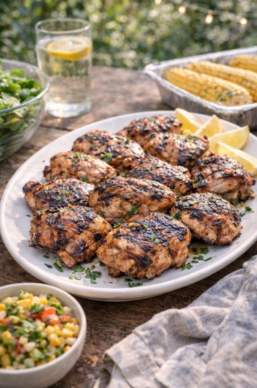 A platter of grilled chicken thighs garnished with herbs, served with lemon wedges. Nearby are corn on the cob in a foil tray, a green salad, a glass of water with lemon, and a bowl of salsa on a rustic outdoor table.
