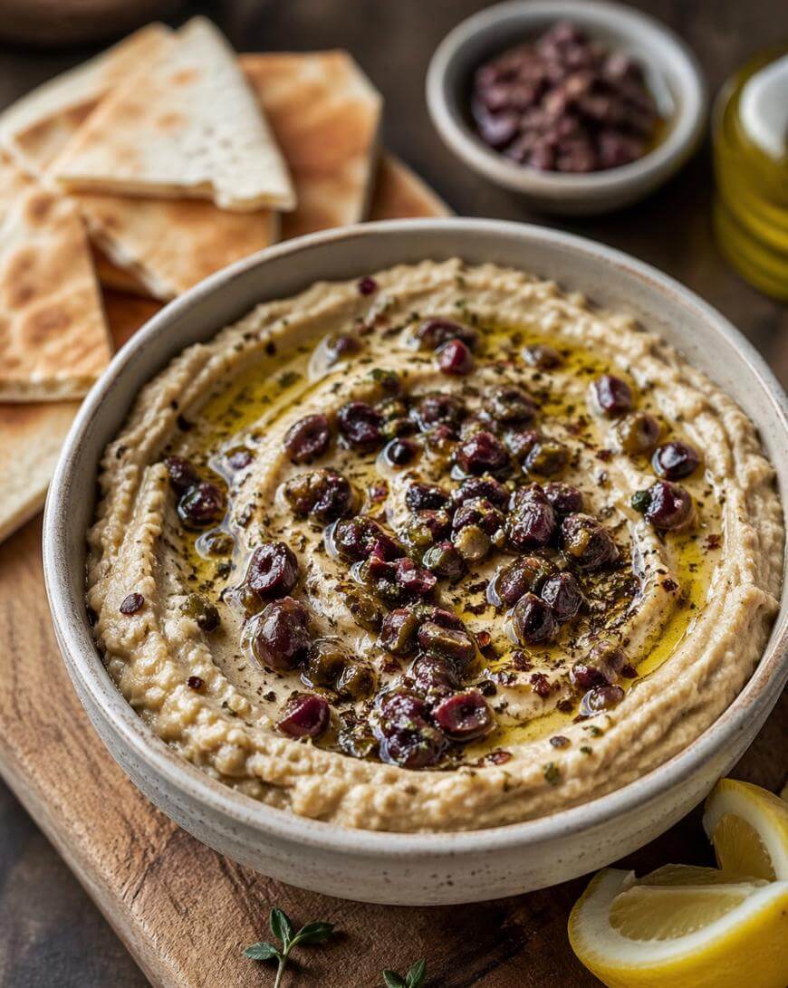 A bowl of hummus topped with chopped olives, olive oil, and herbs, served on a wooden board with pita bread slices, a lemon wedge, and a small dish of olives in the background.