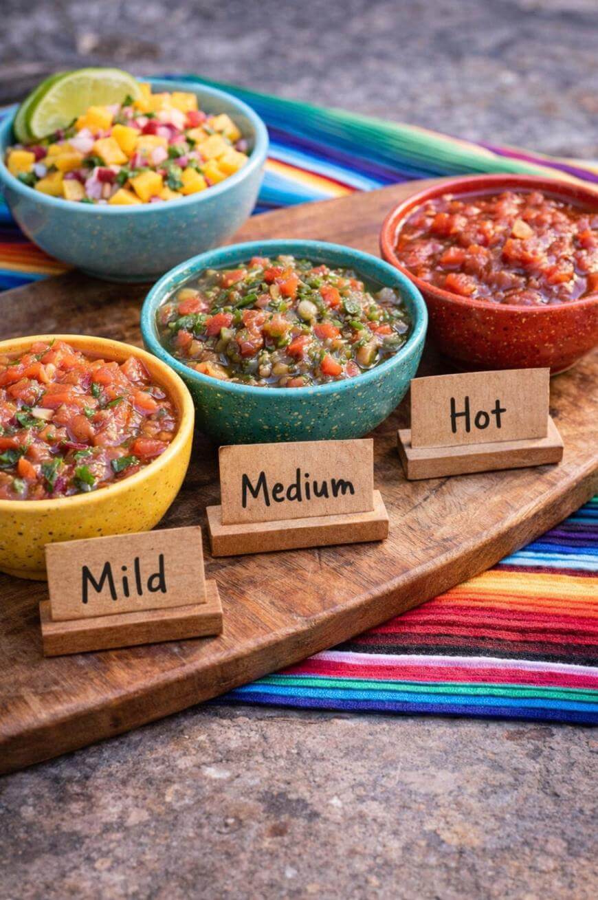 Four bowls of salsa, labeled “Mild,” “Medium,” and “Hot,” sit on a wooden board, with a bowl of mango salsa in the background. The board rests on a colorful striped cloth.