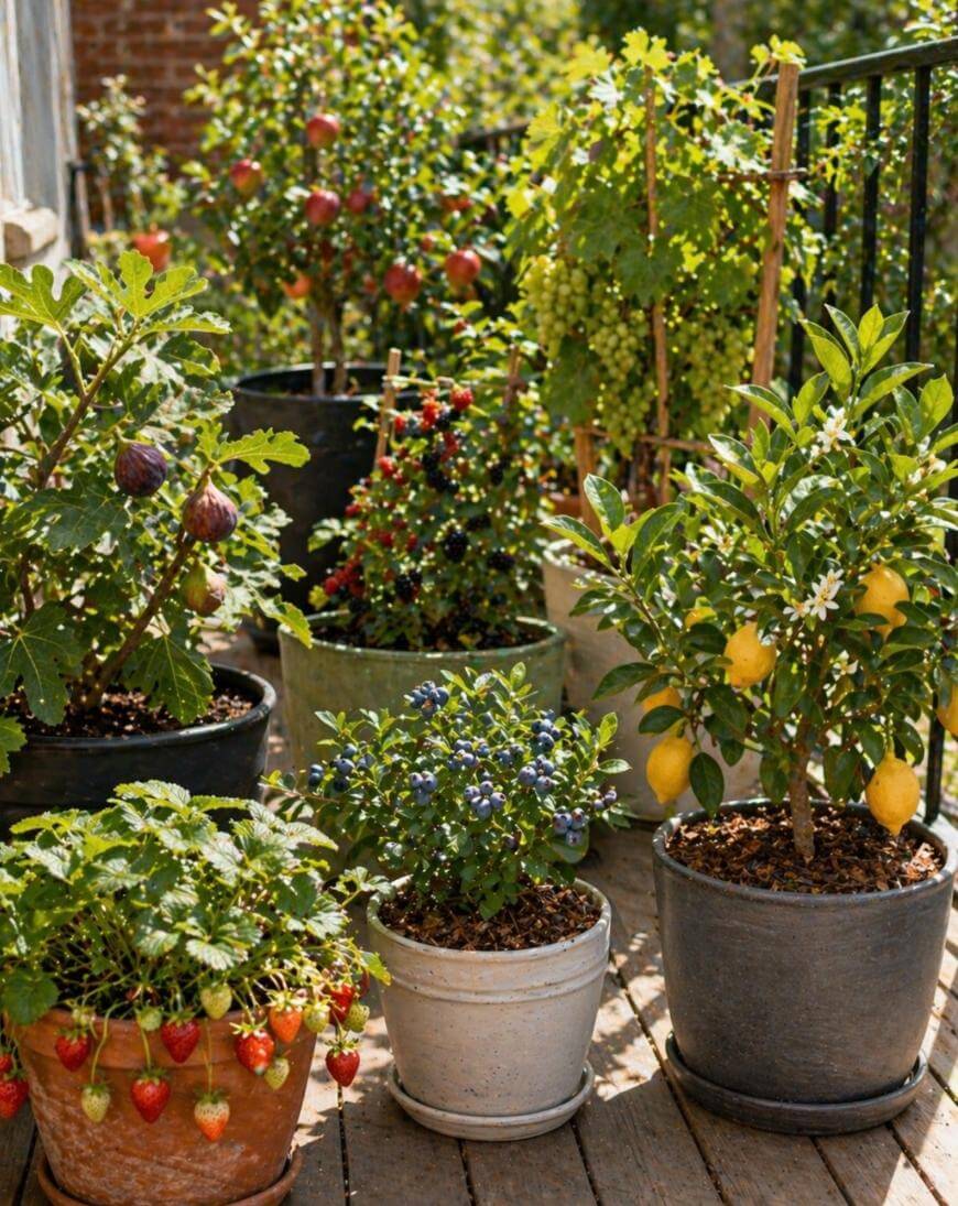 Assorted fruit plants in pots on a wooden balcony, including lemon, strawberry, blueberry, grape, fig, and cherry plants, all bearing ripe fruit and surrounded by green leaves under sunlight.