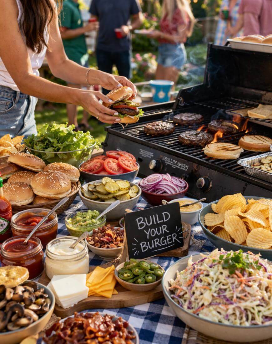 A picnic table is filled with burger toppings, buns, chips, and coleslaw, next to a grill with burgers and hot dogs. A person assembles a burger, and a sign reads “Build Your Burger.” People are gathered in the background.