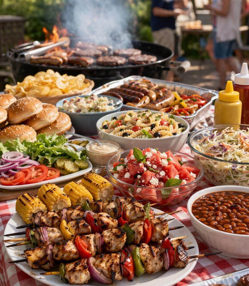 A picnic table covered with grilled kebabs, corn, burgers, hot dogs, buns, potato chips, salads, baked beans, sauces, and assorted toppings, with a grill and people in the background outdoors.