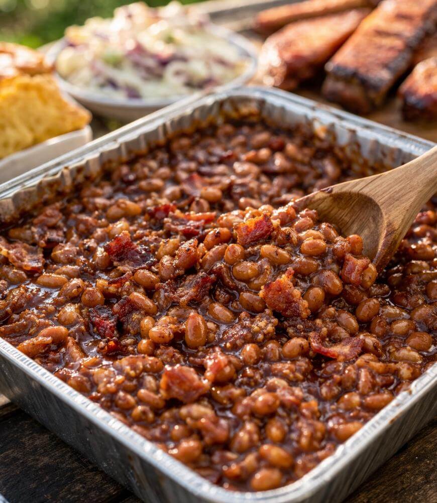 A wooden spoon scoops baked beans with bacon from a foil tray. In the background, there is cornbread, coleslaw, and grilled meat on a picnic table.