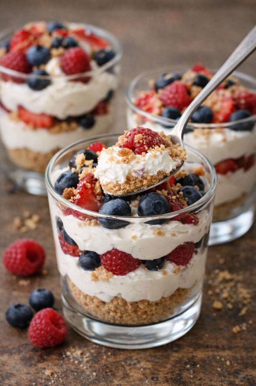 Three glass cups filled with layered dessert of crumbled crust, whipped cream, blueberries, raspberries, and strawberries. A spoon lifts a scoop from one cup. Extra berries are scattered on the table.