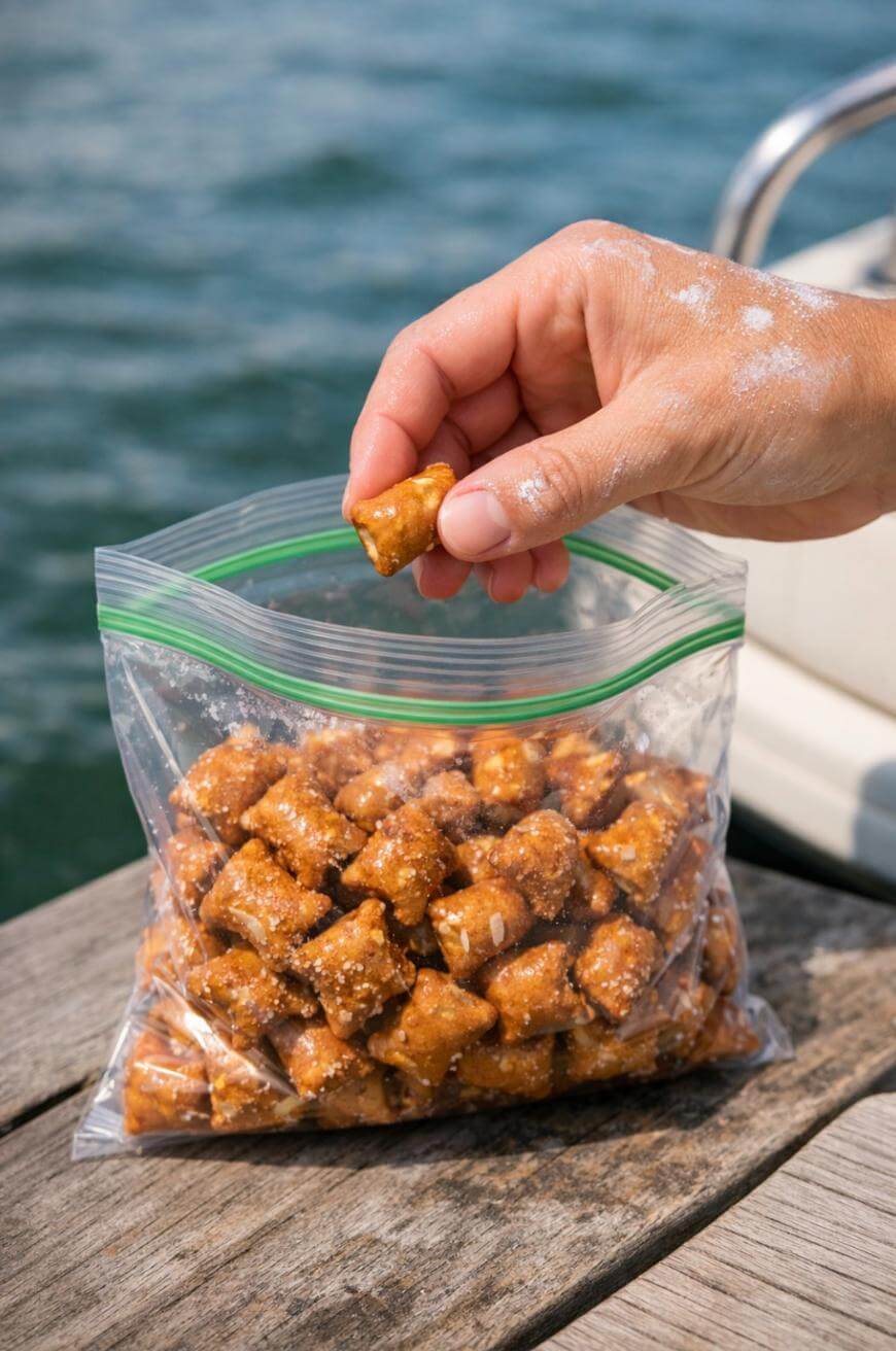 A hand is reaching into a resealable plastic bag filled with pretzel nuggets on a wooden surface near water, possibly on a boat dock.