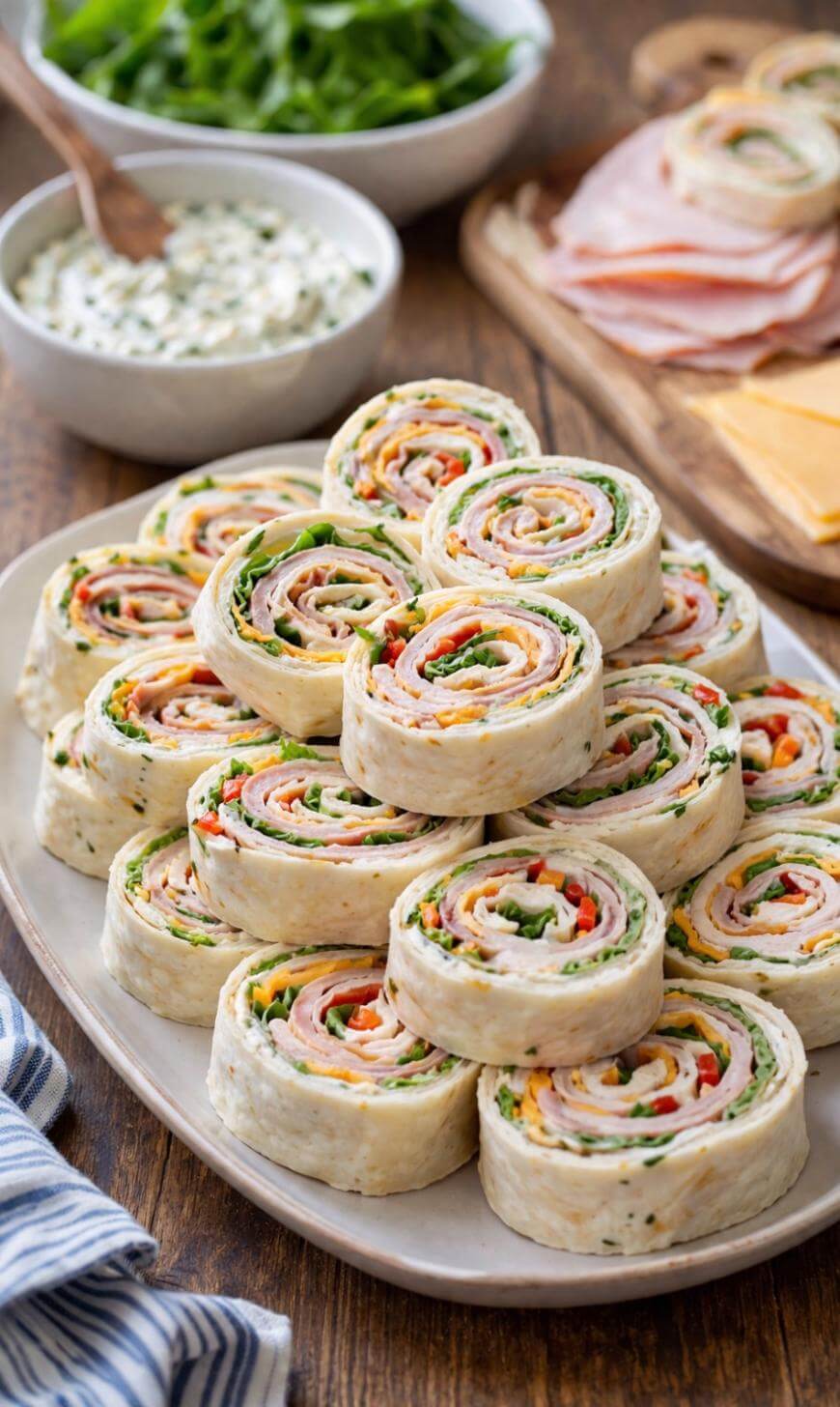 A platter of colorful turkey pinwheel sandwiches made with tortillas, cheese, spinach, and red peppers, surrounded by bowls of dip, fresh greens, and sliced turkey and cheese on a wooden table.