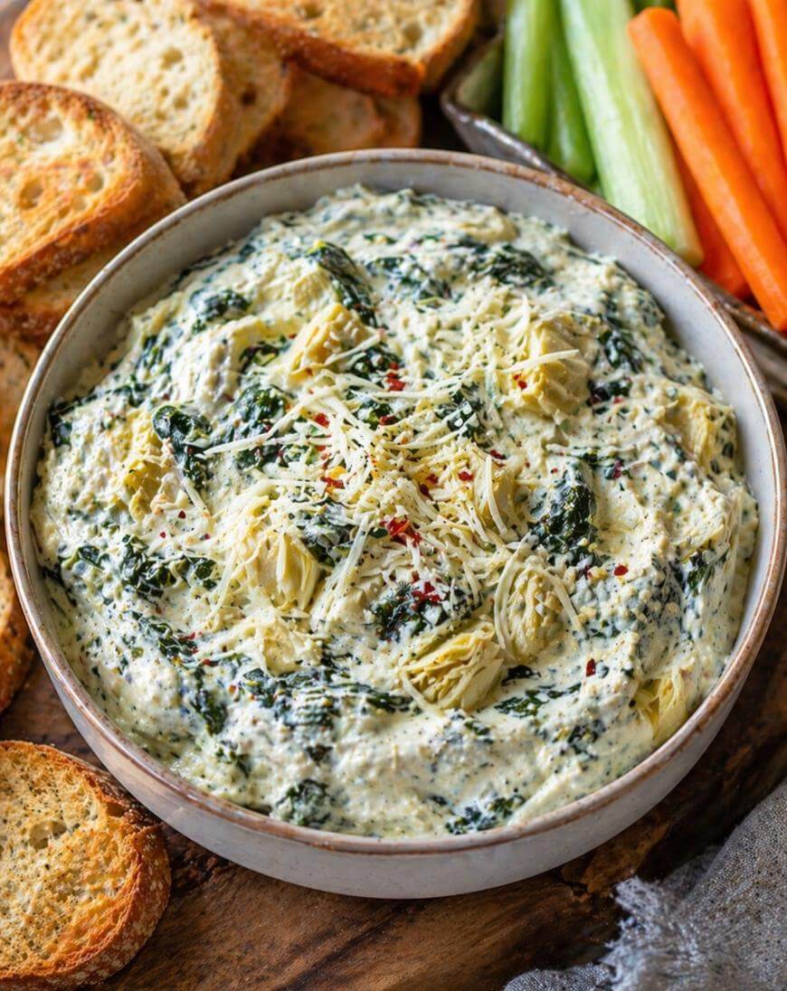 A bowl of creamy spinach artichoke dip topped with shredded cheese, surrounded by toasted baguette slices, carrot sticks, and celery sticks on a wooden surface.