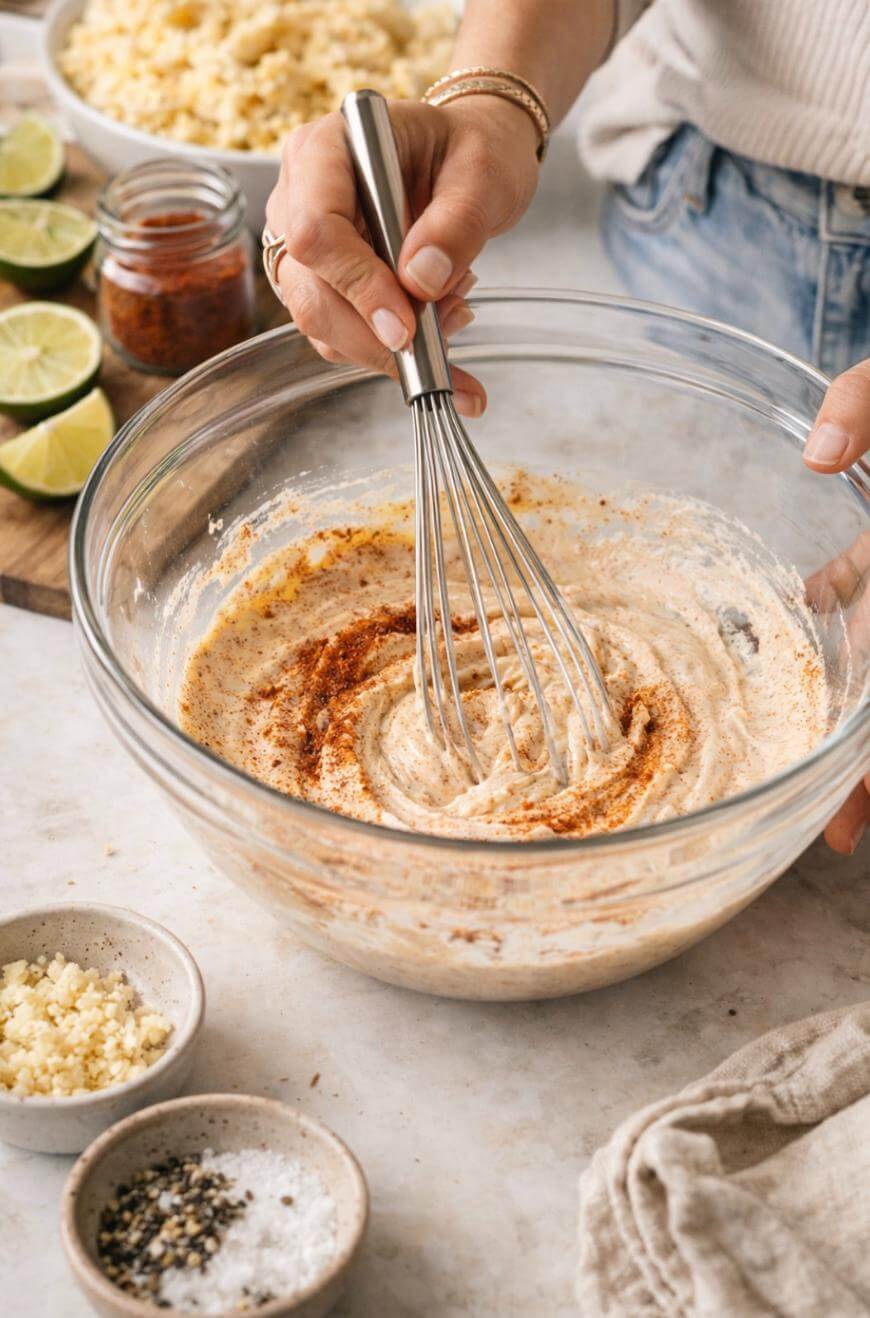 A person whisking a creamy mixture with spices in a glass bowl. Nearby are small bowls of minced garlic, salt, and pepper, and sliced limes on a cutting board.