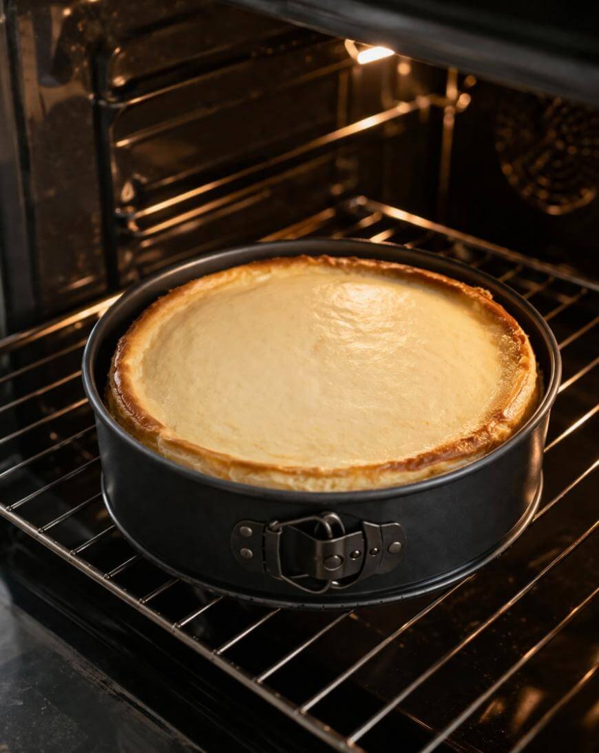 A golden-brown cheesecake in a springform pan is baking on the middle rack of an oven, with the oven light illuminating the dessert.
