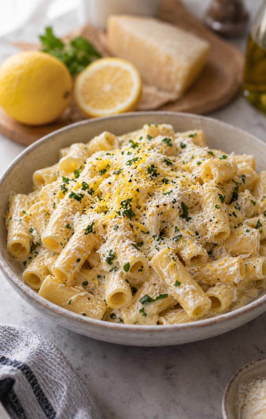 A bowl of creamy rigatoni pasta topped with grated cheese, lemon zest, and chopped parsley, with a lemon, cheese wedge, and fresh parsley in the background.