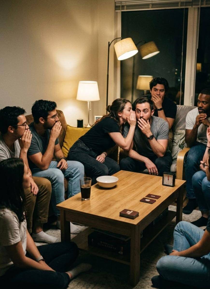A group of people sit in a cozy living room, arranged in a circle around a wooden coffee table. One woman whispers into a mans ear while the others watch and cover their mouths, suggesting they are playing a party game.