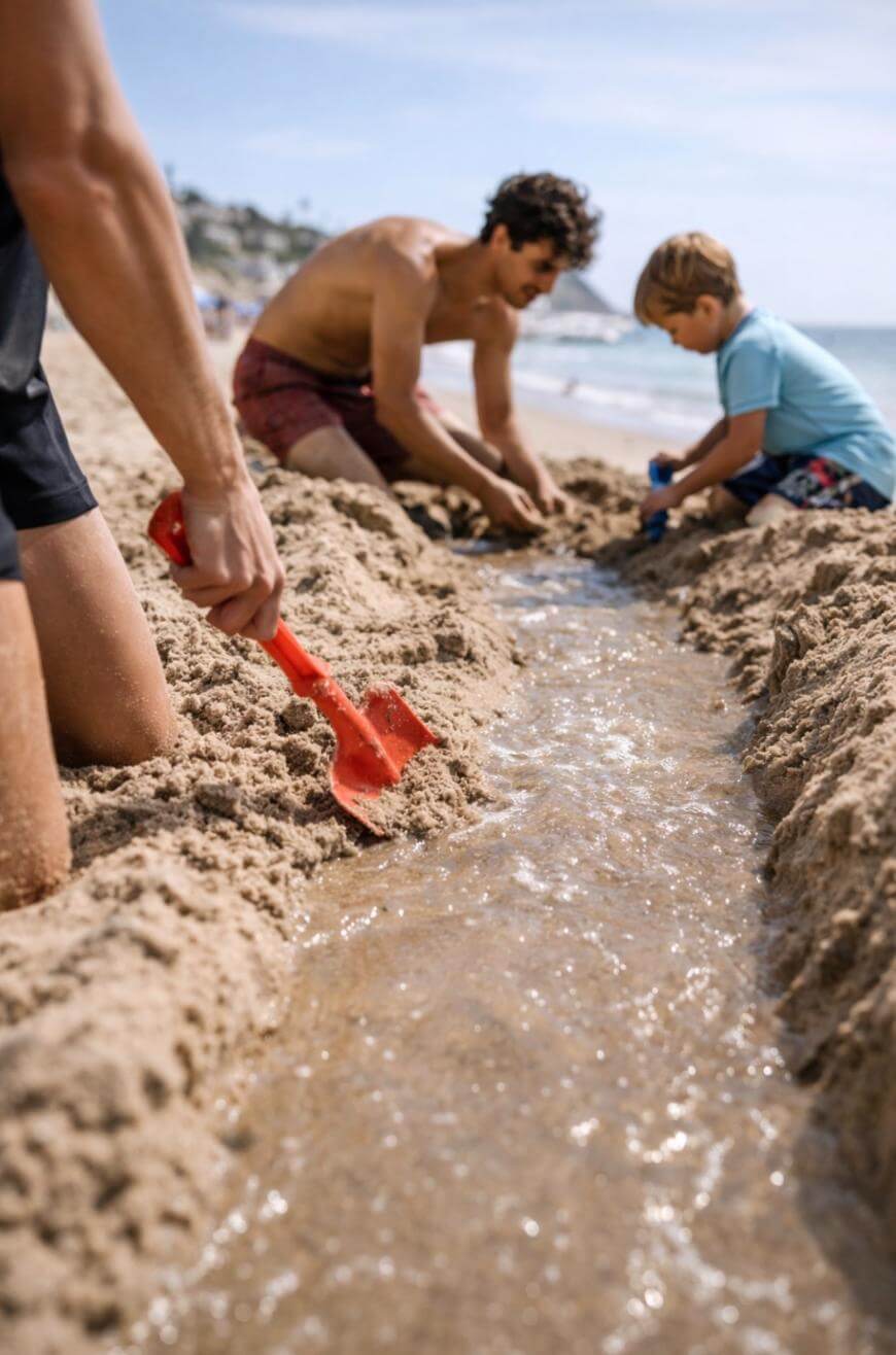 Three people are digging a canal in the sand at the beach, letting water flow through it. One person holds a red shovel, while a man and a young boy work together near the water. The ocean and sky are in the background.