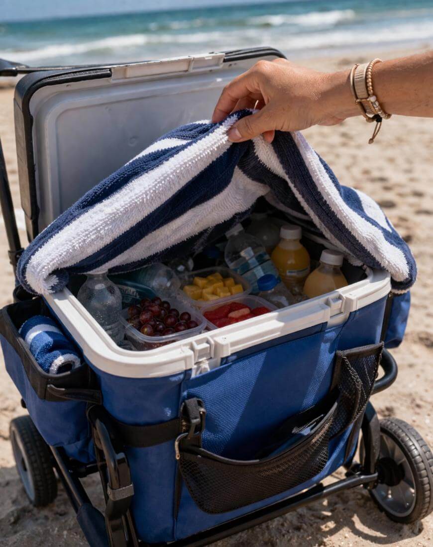 A hand lifts a beach towel covering the contents of a blue cooler on the sand, revealing snacks, drinks, and fruit inside, with the ocean and waves visible in the background.