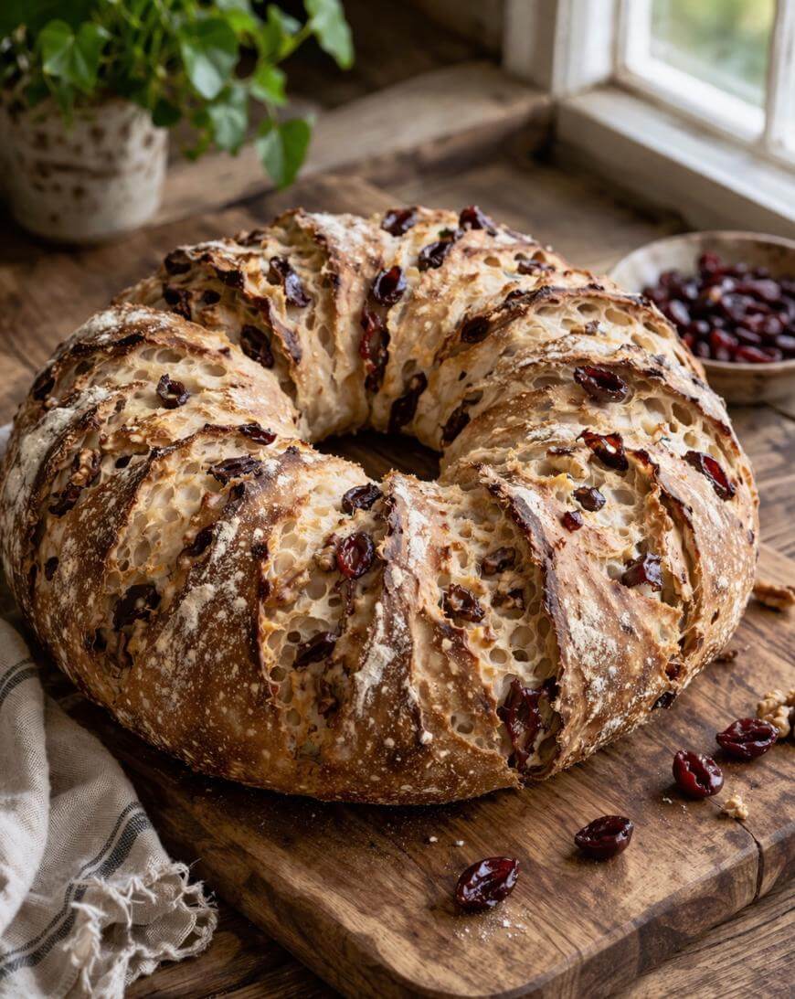 A rustic, round loaf of artisan bread with deep cuts, showing a crisp crust and filled with dried cranberries, sits on a wooden cutting board near a window with natural light. A linen cloth and potted plant are nearby.
