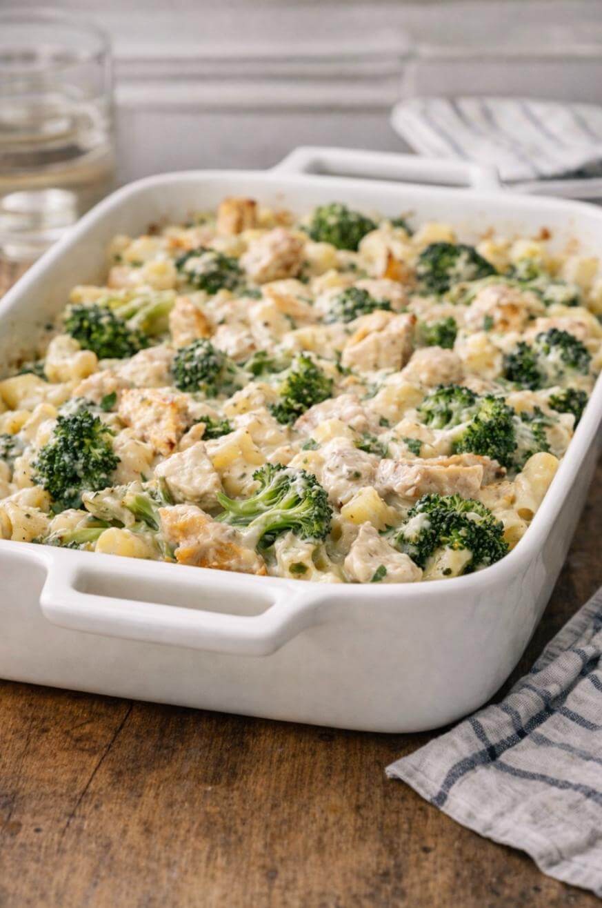 A white baking dish filled with creamy chicken and broccoli casserole sits on a wooden table next to a striped cloth napkin and a glass of water.
