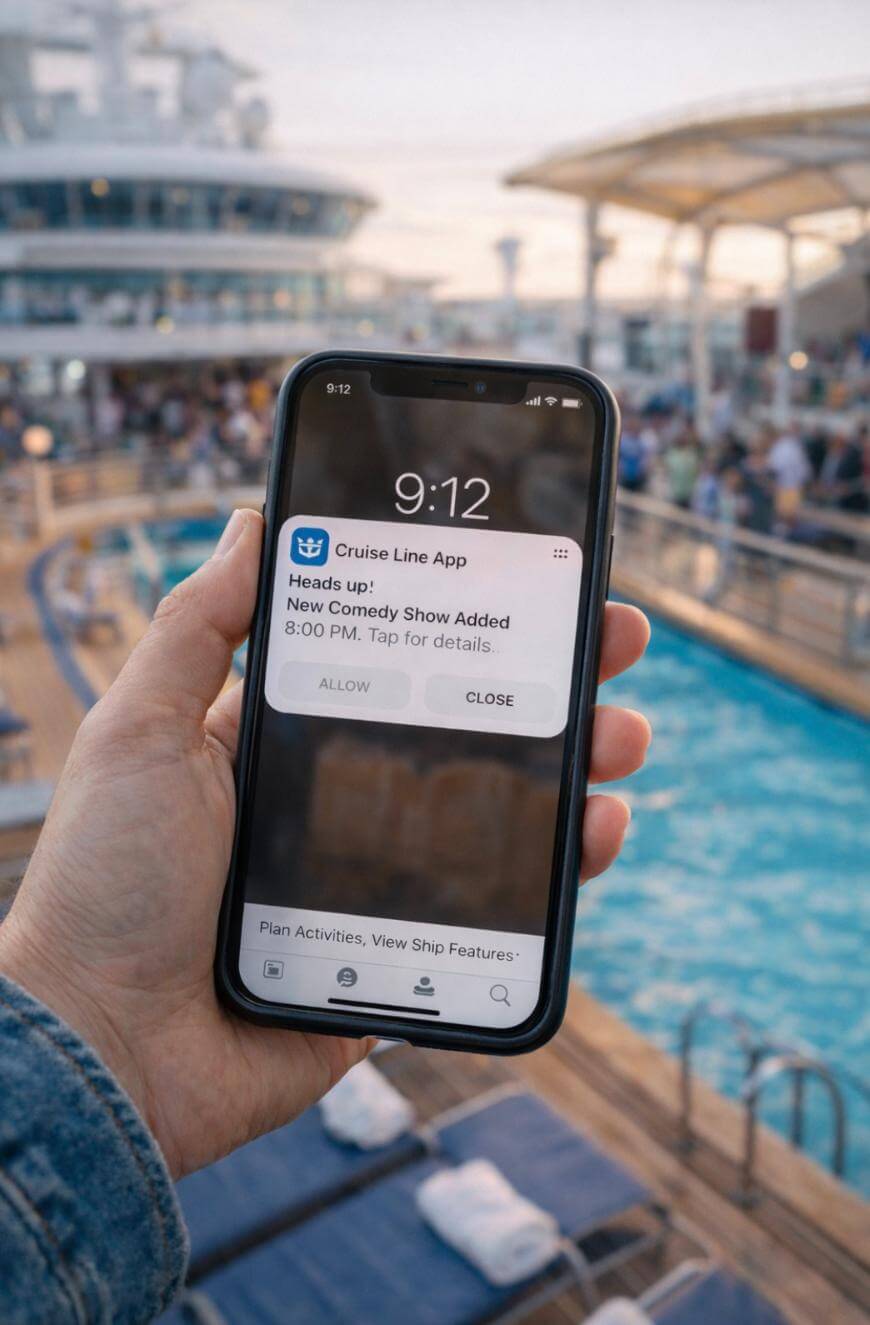 A hand holds a smartphone displaying a cruise line app notification about a new comedy show, with a pool and cruise ship deck in the background.