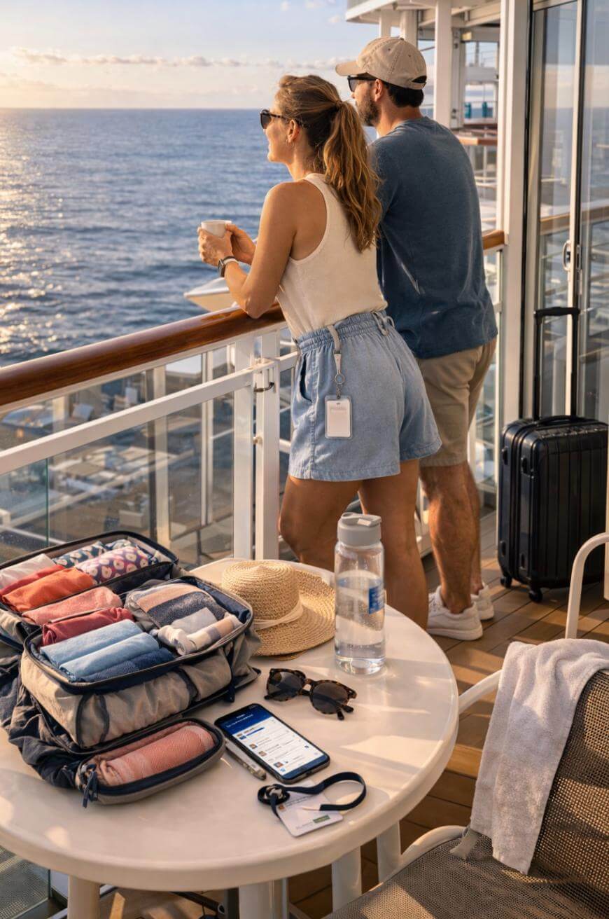 A woman and man stand on a cruise ship balcony, looking at the ocean. A table nearby holds organized luggage, a water bottle, a hat, sunglasses, and a phone, suggesting they are enjoying a relaxing vacation.