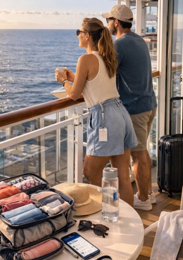 A woman and man stand on a cruise ship balcony, looking at the ocean. An open suitcase, water bottle, hat, and phone rest on a table nearby. The sun is shining and the mood is relaxed.