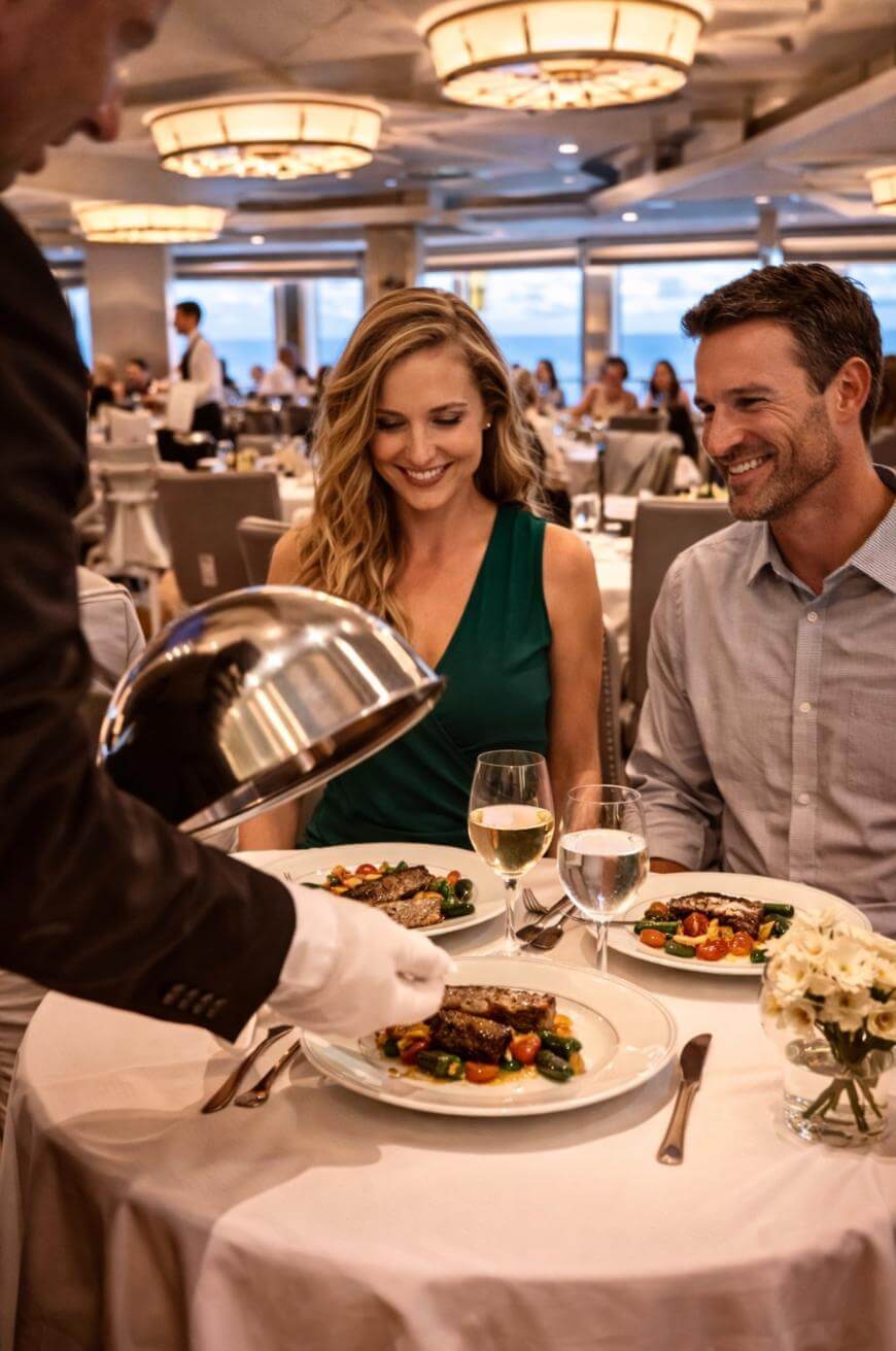 A smiling couple sits at a restaurant table as a server presents their plated meal. The table is set with wine glasses, flowers, and elegant dinnerware in a bright, upscale dining room.