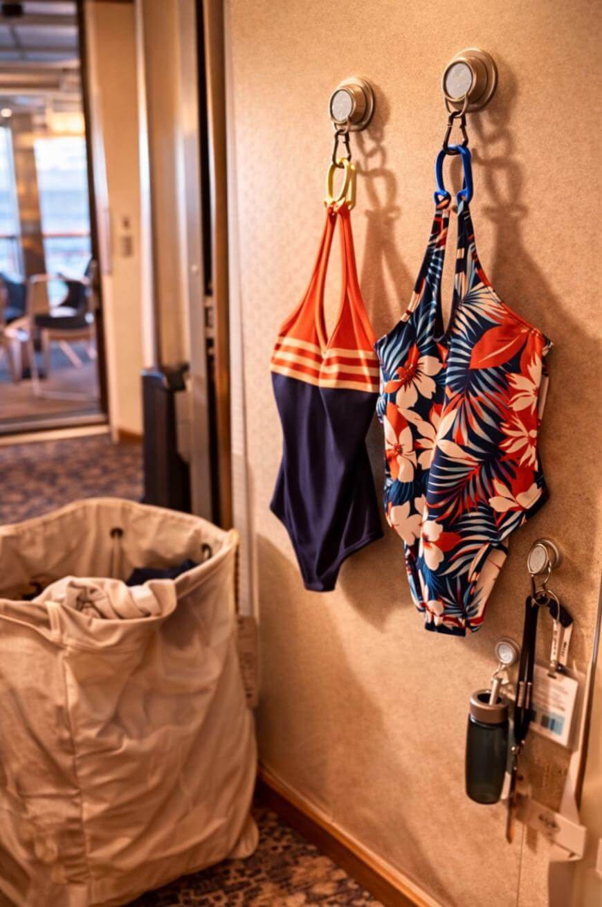 Two swimsuits, one orange and navy and the other with a colorful floral pattern, hang on wall hooks next to a laundry hamper and a water bottle in a room with carpeted floors.