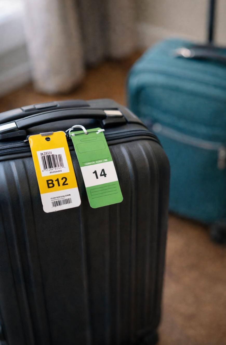 A black suitcase with yellow and green luggage tags is in focus, while a teal suitcase is blurred in the background on a brown carpeted floor.