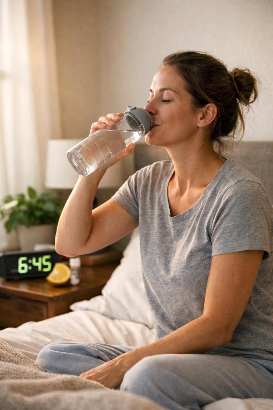 A woman in gray pajamas sits on a bed drinking water from a bottle. An alarm clock on the bedside table shows 6:45, with a plant, a book, and a lemon slice nearby.