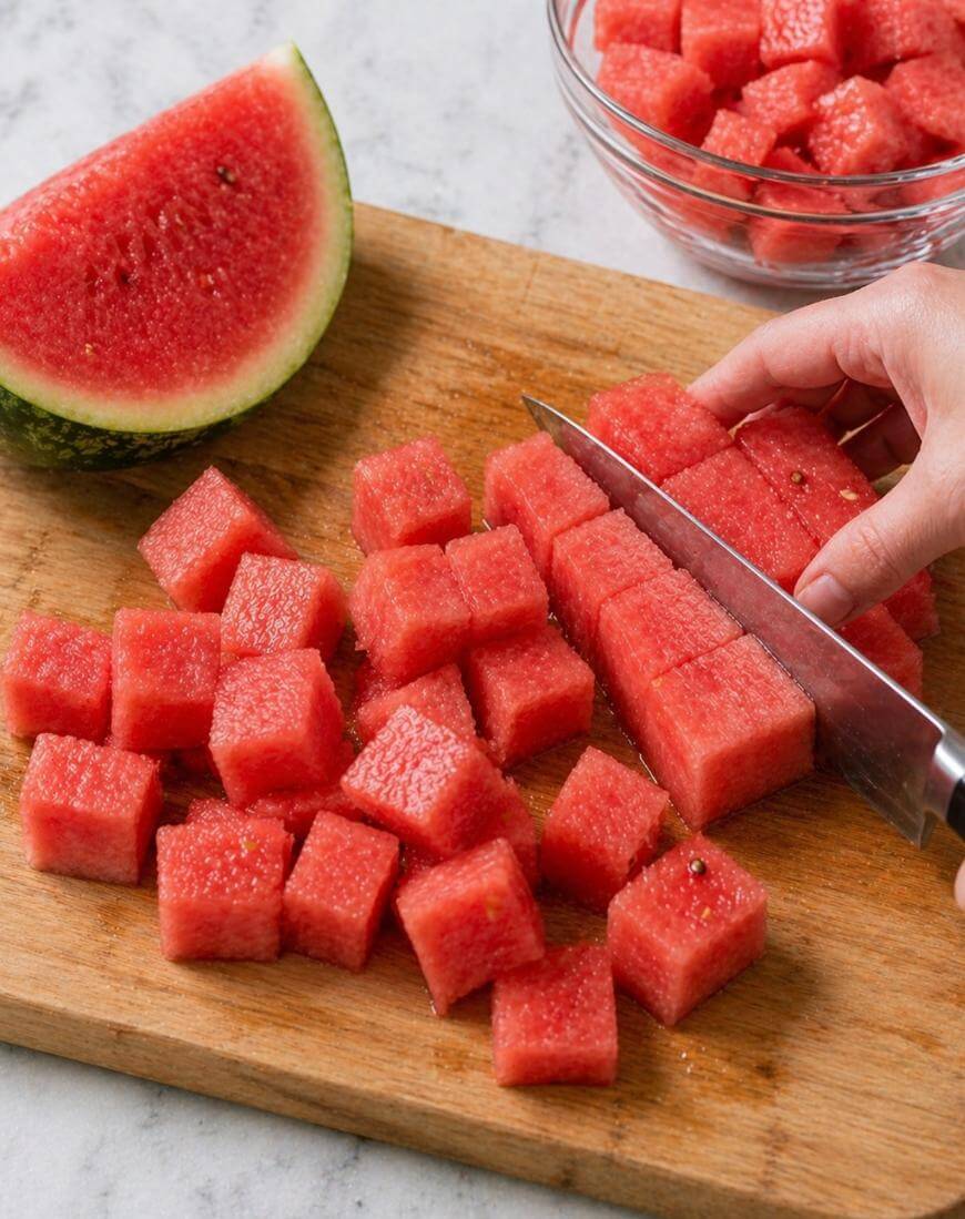 A hand slices a watermelon into cubes on a wooden cutting board, with a bowl of cubed watermelon and a wedge of watermelon nearby.