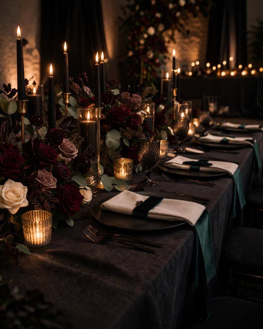 A dimly lit, elegant dining table is set with black candles, dark floral arrangements, gold-rimmed glasses, white napkins, and small votive candles, creating a moody, sophisticated atmosphere.