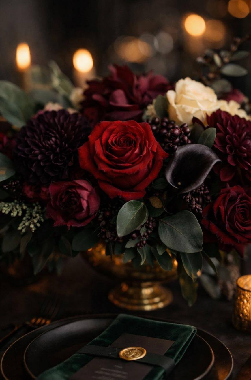 A floral arrangement with deep red roses, burgundy flowers, cream roses, dark calla lilies, and greenery sits in a gold vase. Candlelight glows softly in the background beside an elegant table setting.