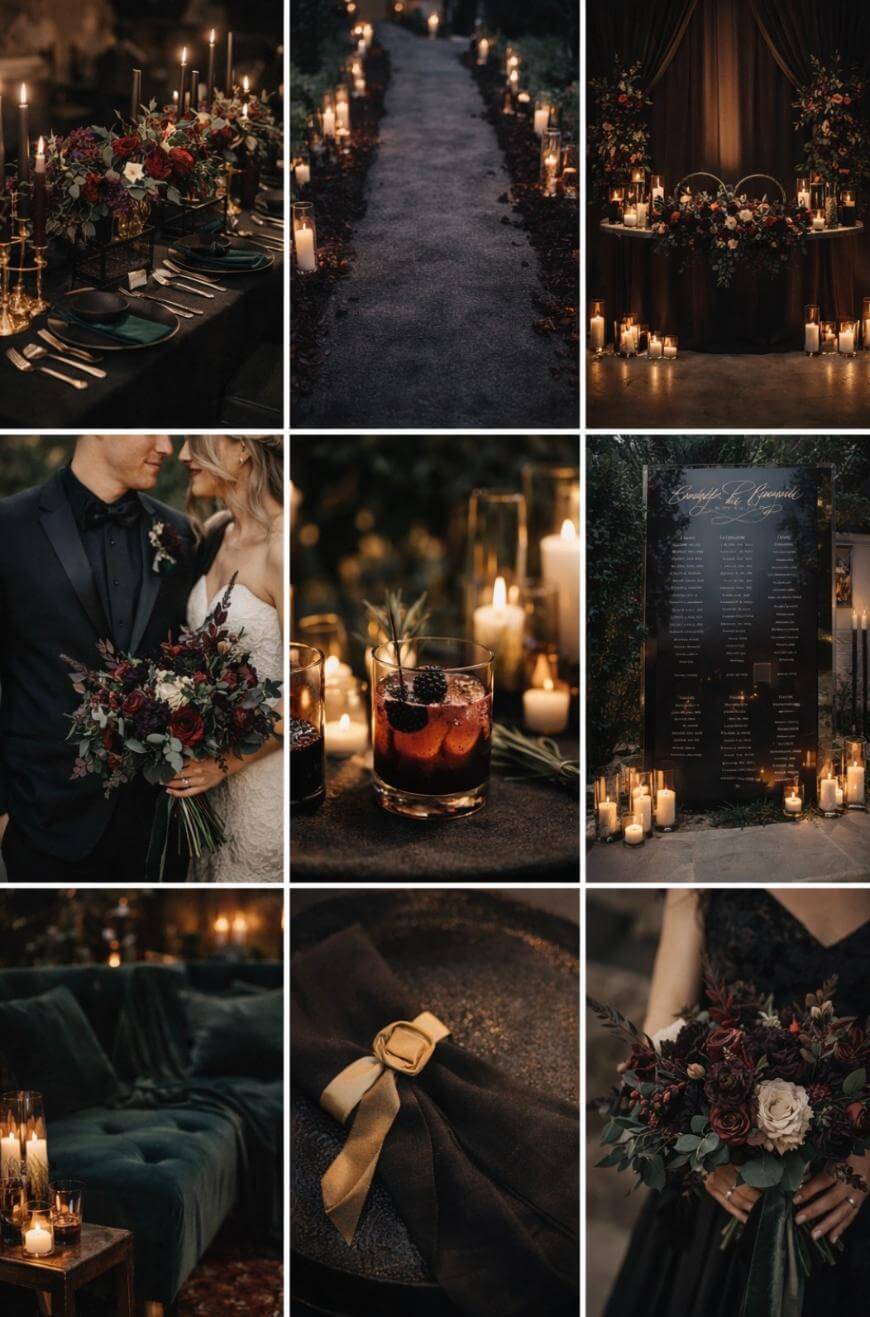 A collage of nine images shows a moody, elegant wedding setting with dark floral arrangements, candlelit tables, a couple holding bouquets, a cocktail, and a dark seating chart, creating a romantic and luxurious atmosphere.